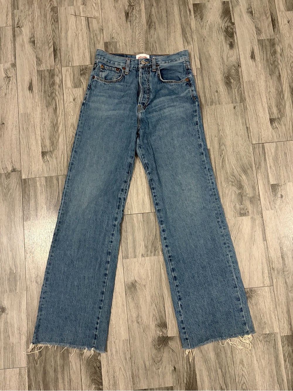 RE/DONE SOLID & STRIPED Mid Blue Straight-Leg Jeans with Frayed Hem